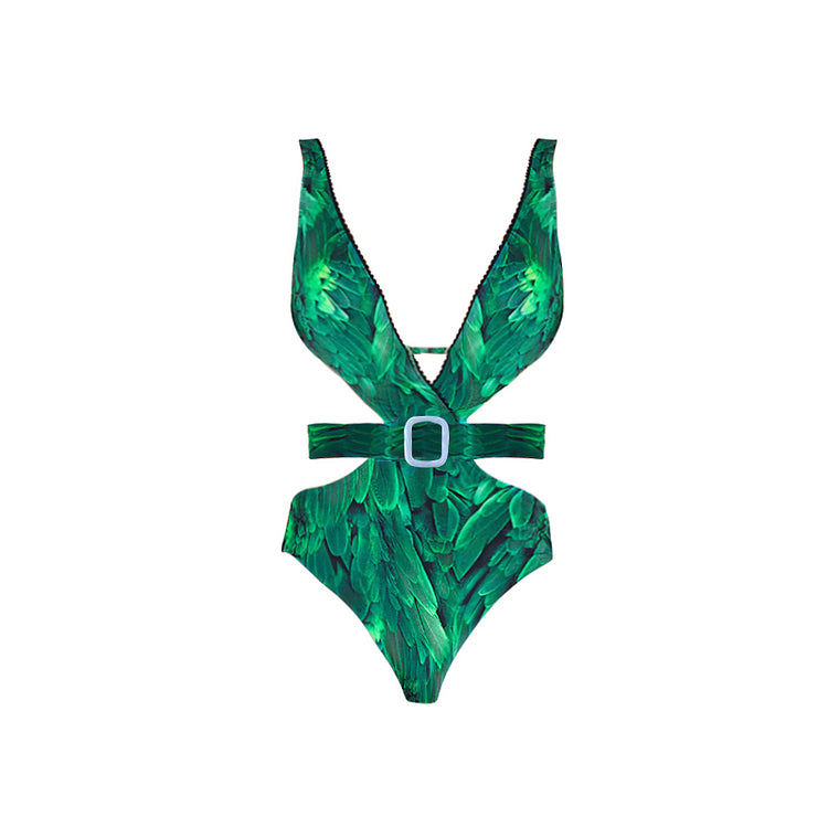 Maillot de bain et jupe à imprimé plumes et découpes à col en V 