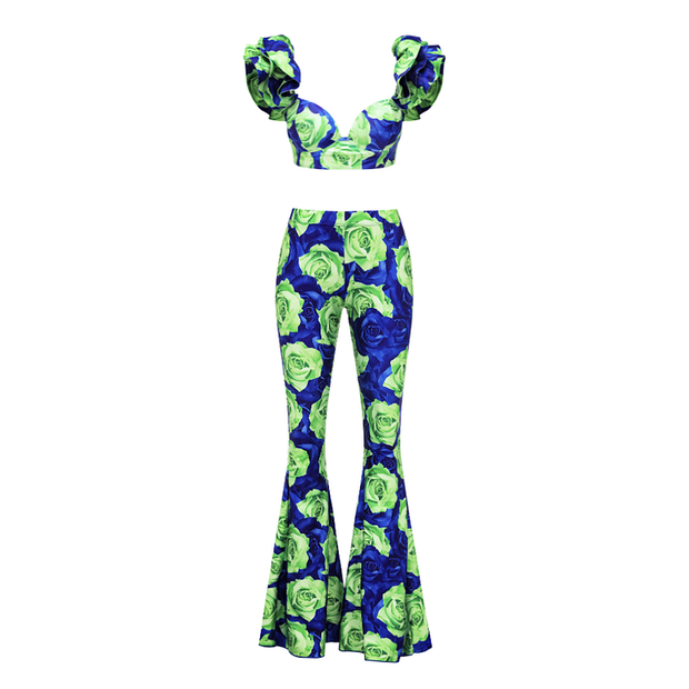 Blue Green Rose Big Ruffle Contrast Print Bikini Swimsuit and Skirt