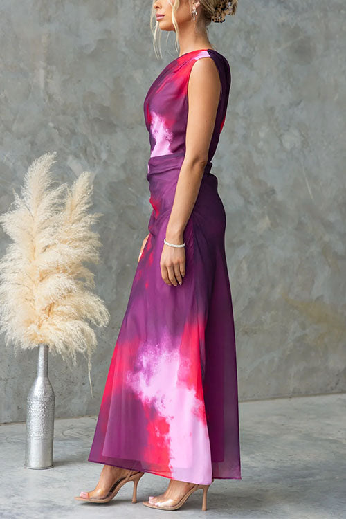 Robe longue asymétrique à taille froncée tie-dye