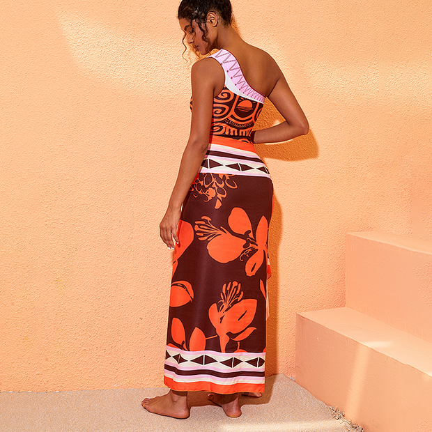 One Shoulder Printed One Piece Swimsuit and Sarong