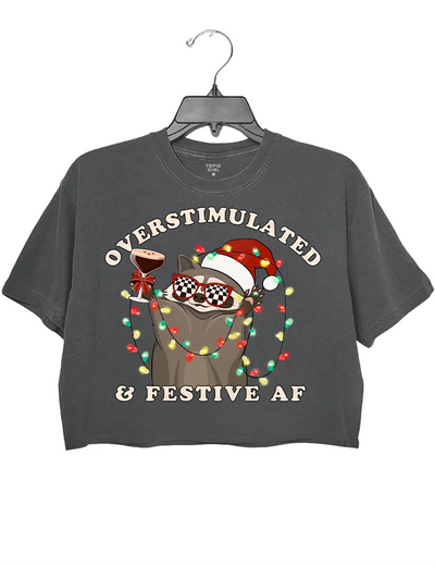 Overstimulated & Festive AF Raccoon Christmas Crop Top