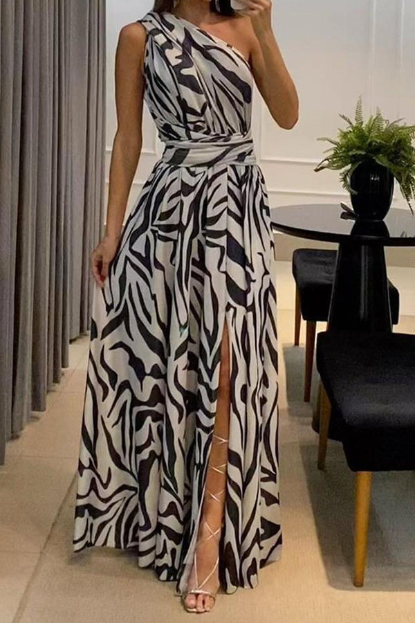 Sexy One Shoulder Sleeveless Printed Long Dress With Split Back