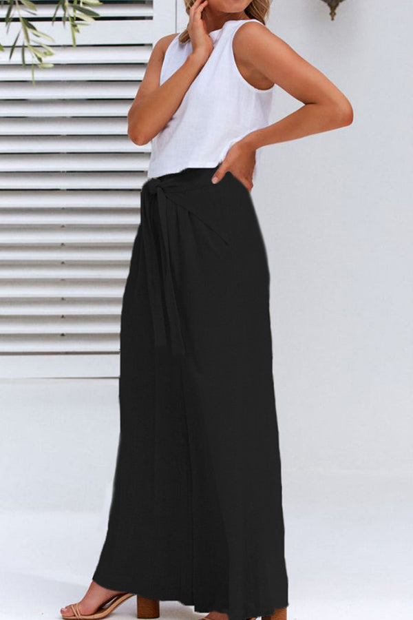 Spring and summer cotton and linen design sense strap loose wide-leg casual trousers