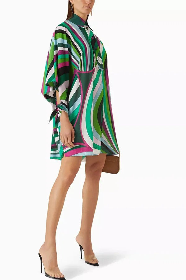 Lorrie Unique Print Button Slit Tie-up Sleeve Oversized Shirt Mini Dress