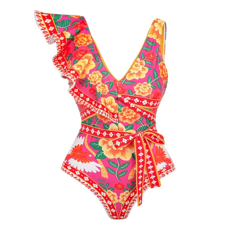 Maillot de bain une pièce asymétrique à volants et imprimé contrasté 