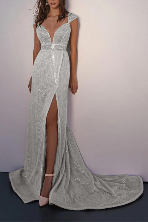 V-neck slim wrap hip gown with sequins and slits
