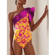 One Shoulder Ruffle Printed One Piece Swimsuit and Sarong