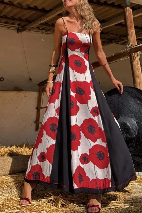 Robe longue plissée à bretelles et imprimé floral