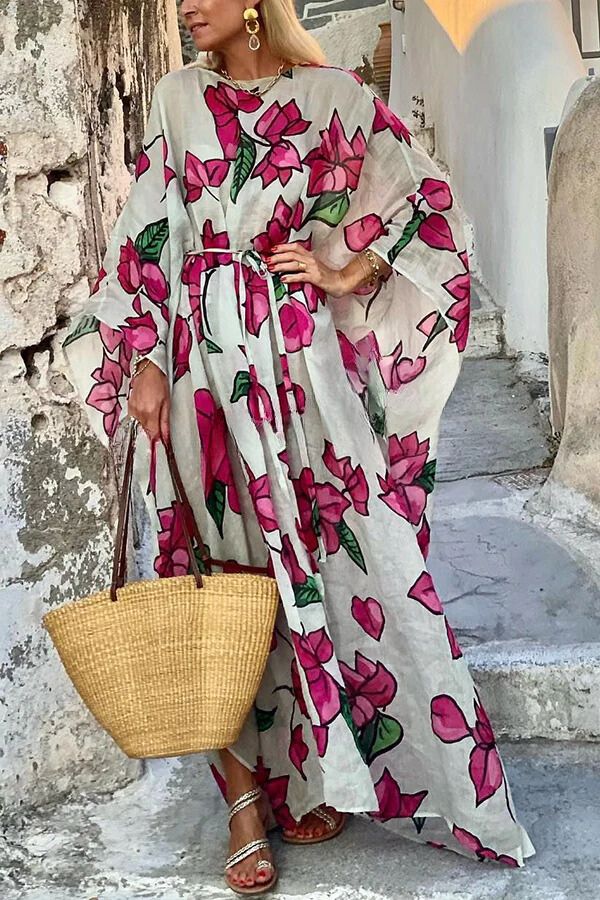 Robe longue ample à imprimé floral et manches dolman avec ceinture 