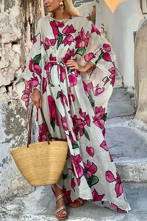 Floral Print Dolman Sleeve Belted Loose Maxi Dress