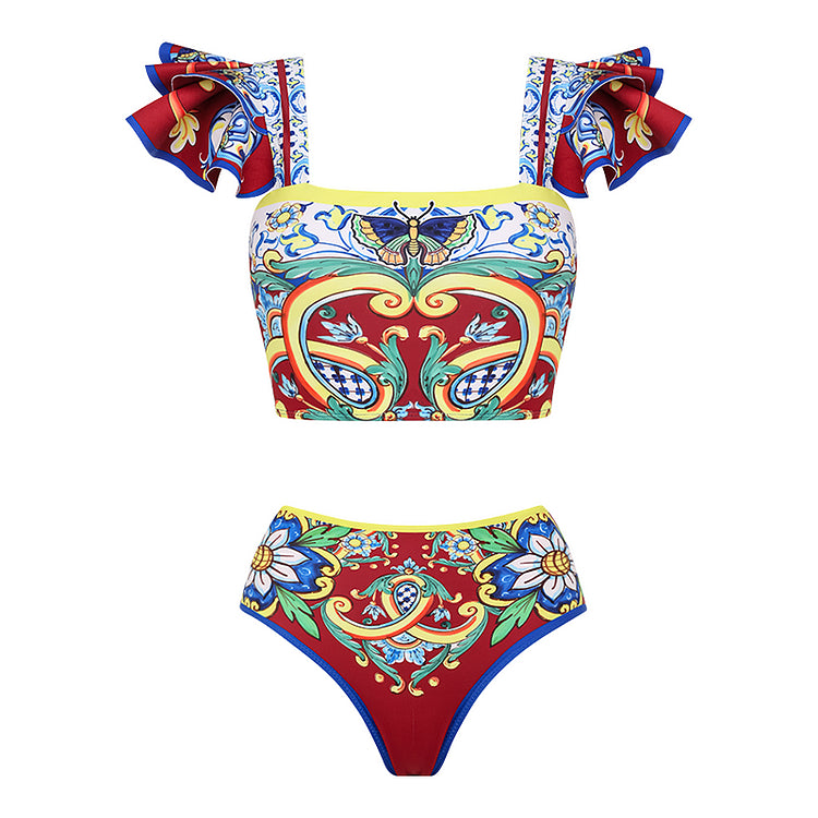 Maillot de bain et jupe bikini imprimés à volants 
