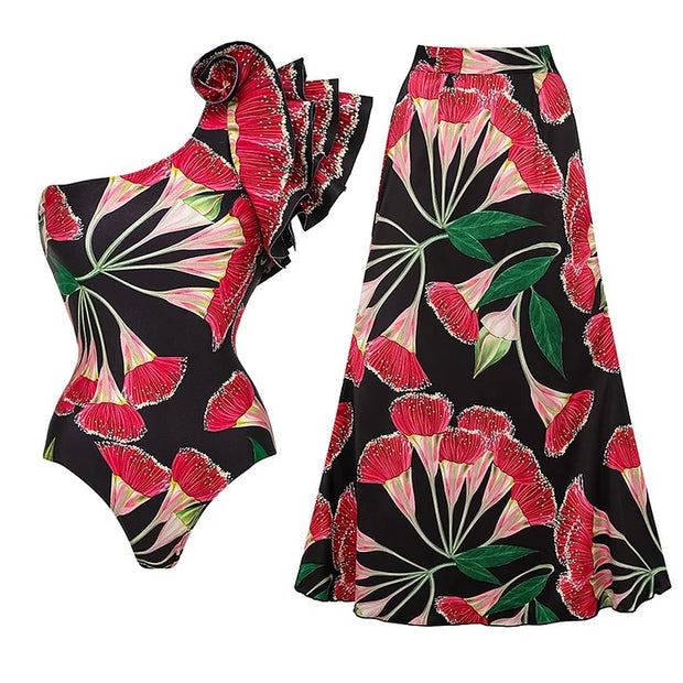 One Shoulder Ruffle Eucalyptus Flower Printed One Piece Swimsuit and Skirt