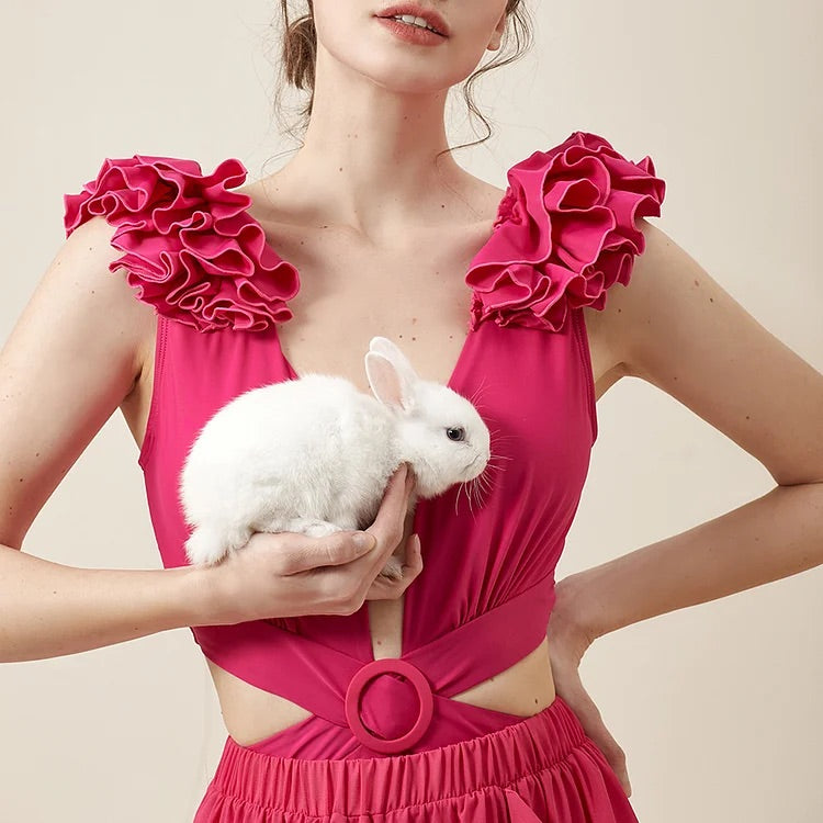 Maillot de bain une pièce et jupe découpés Vioye Deep V Rose Red 