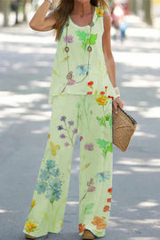 Simply Flourishing Printed Loose Tank and Wide Leg Pants Set