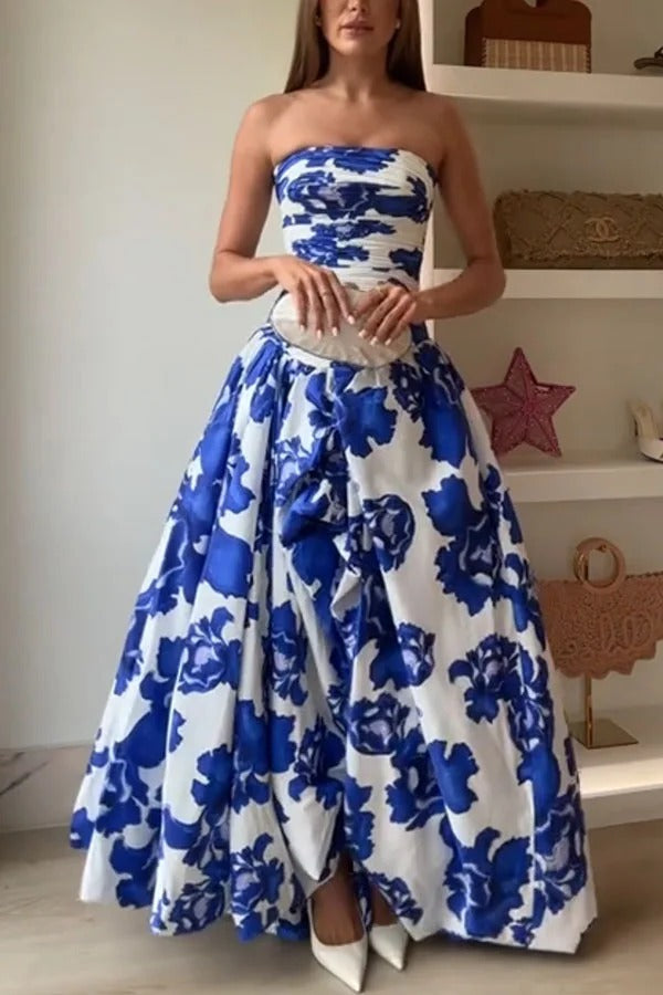 Robe longue à épaules dénudées et corsage froncé à ourlet bouffant et imprimé floral Perfect Moment