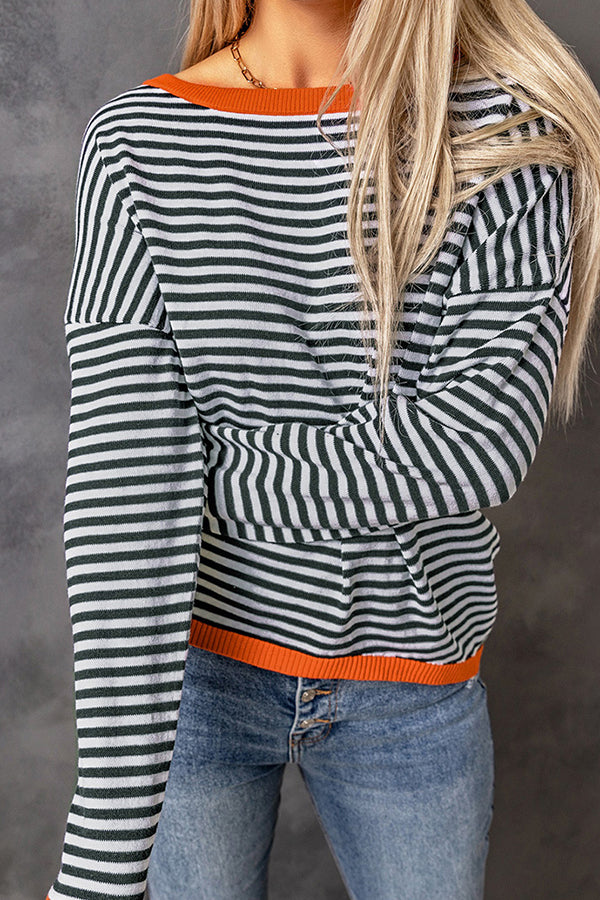 Striped Color Contrast Dropped Shoulder Long Sleeve Top