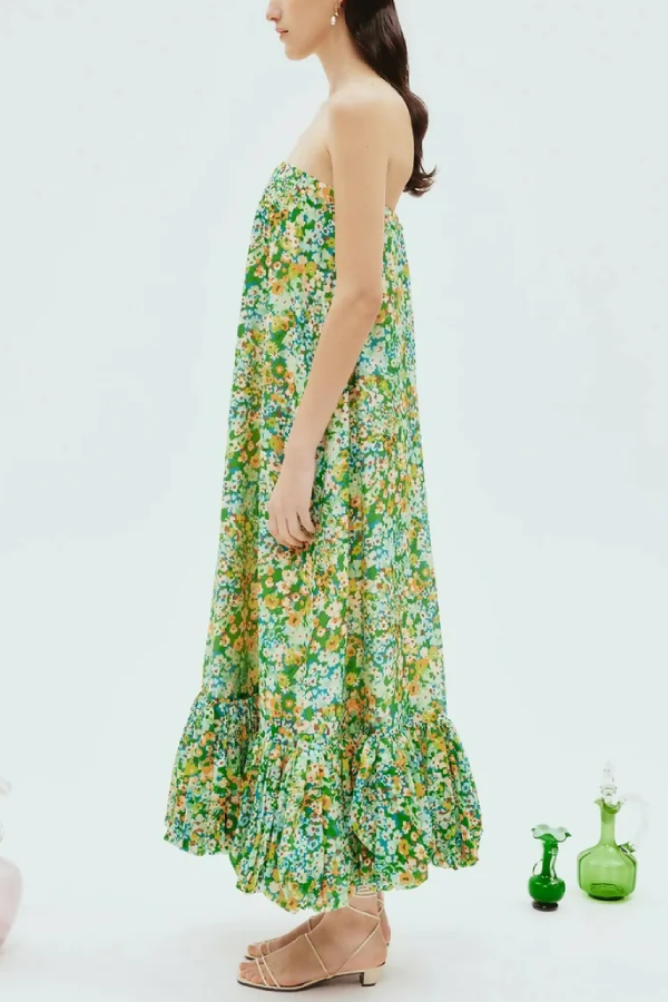 Robe ample bustier à fleurs vertes