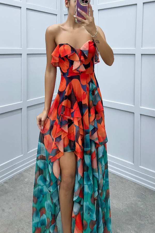 Loving Moment Gradient Unique Print Flowing Layered Ruffles Strapless Slit Maxi Dress