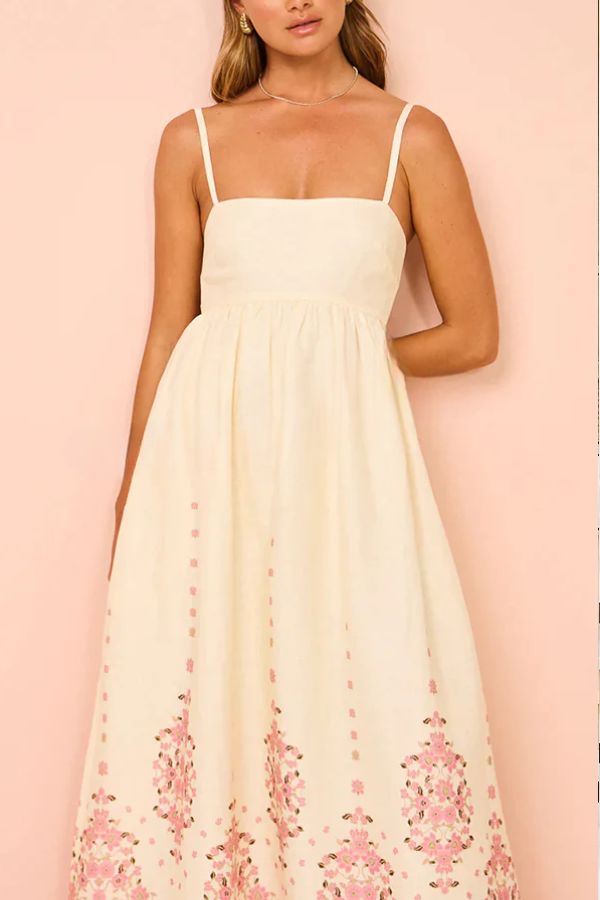 Robe longue ample à bretelles et poches, imprimé unique en mélange de lin et de fleurs paradisiaques