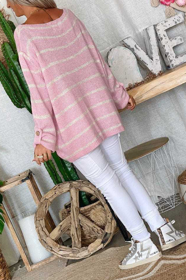 Solid Color Contrast Stripe Pullover Round Neck Loose Sweater