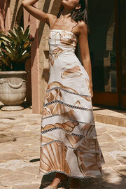 Daje Linen Blend Unique Print Round Hollow Trim Tie-up Bust Slip Maxi Dress