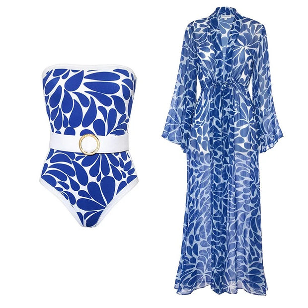 Bandeau Printed One Piece Swimsuit With Belt and Cover Up