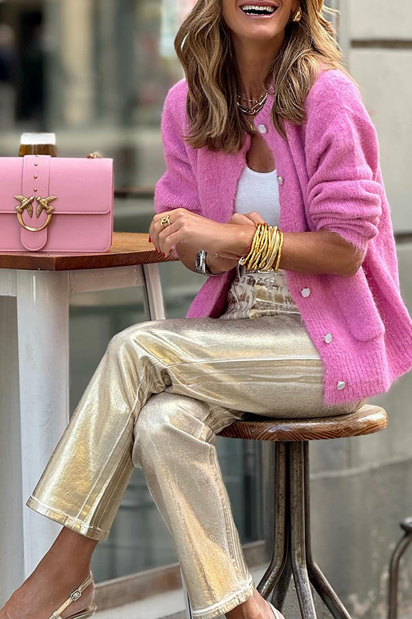 Goldfarbene Retro-Hose mit geradem Bein, losen Taschen und weiten Beinen