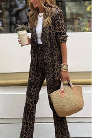 Wild Personality Leopard Pocket Relaxed Lapel Blazer and Elastic Waist Pants Set