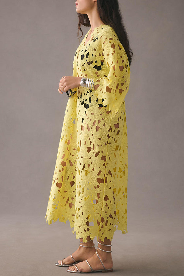 Robe de plage mi-longue à imprimé floral et dentelle à œillets « I Belong Here »