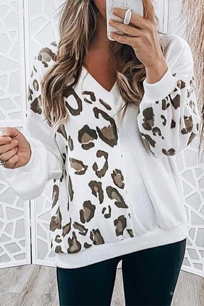 White Leopard Patchwork V Neck Long Sleeve Top