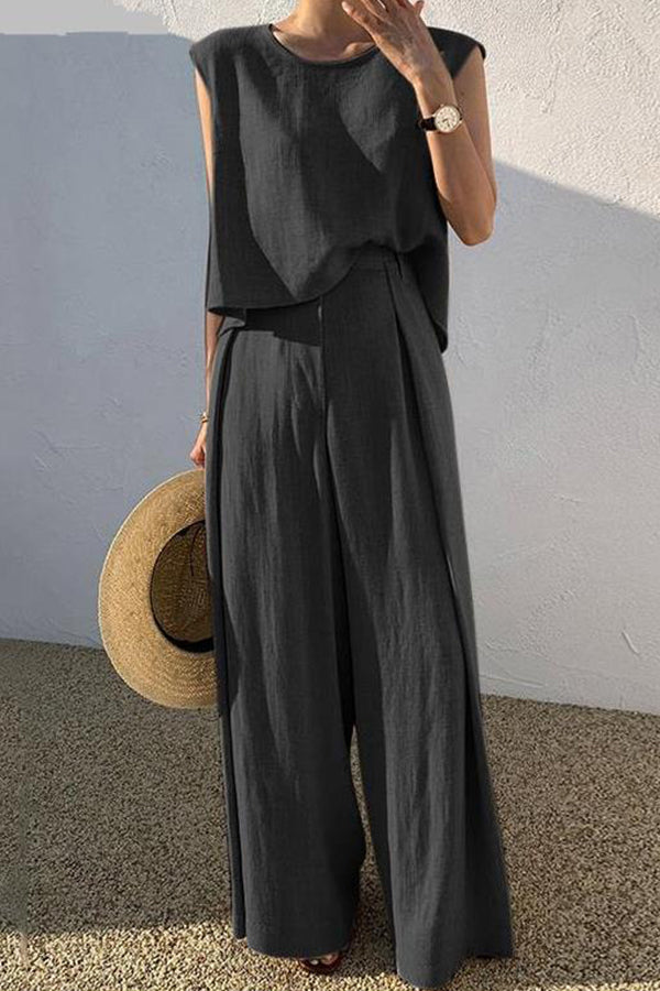 Fashion casual loose two-piece sleeveless top loose wide leg pants for women