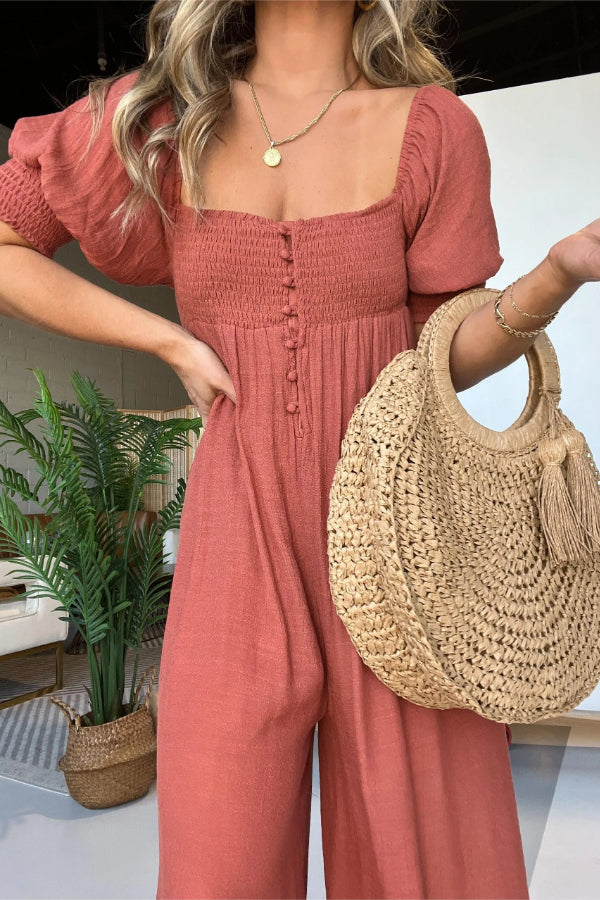 2024 NEW SQUARE NECKLINE JUMPSUIT WITH SMOCKED BODICE BUTTON (BUY 2 FREE SHIPPING)