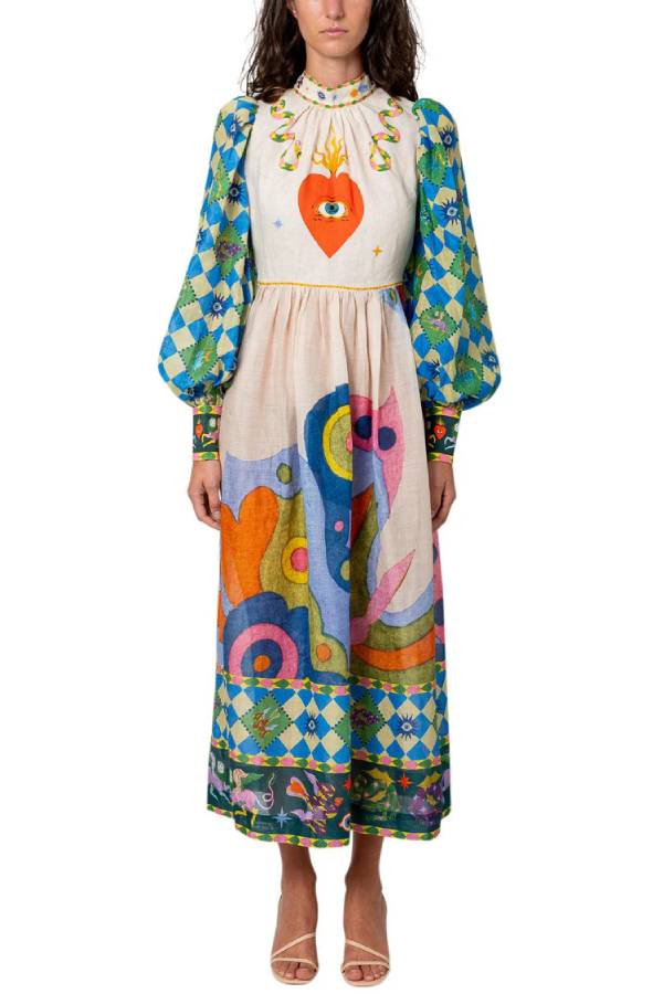 Dear To My Heart – A-Linien-Midikleid mit einzigartigem Print und Laternenärmeln