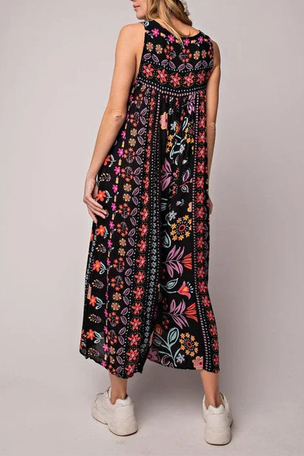 Vintage floral print loose sleeveless jumpsuit