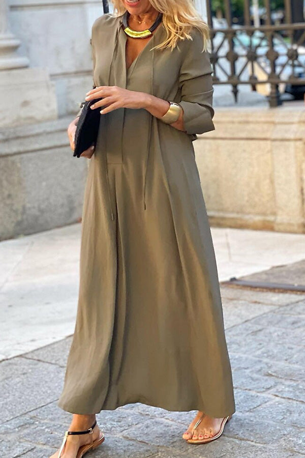 Solid Color Lapel Long Sleeve Simple Casual Long Shirt Dress