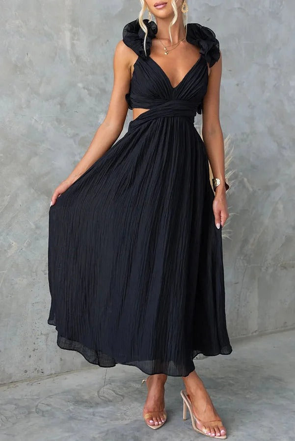Robe longue de luxe à volants floraux et lacets dans le dos avec taille élastique