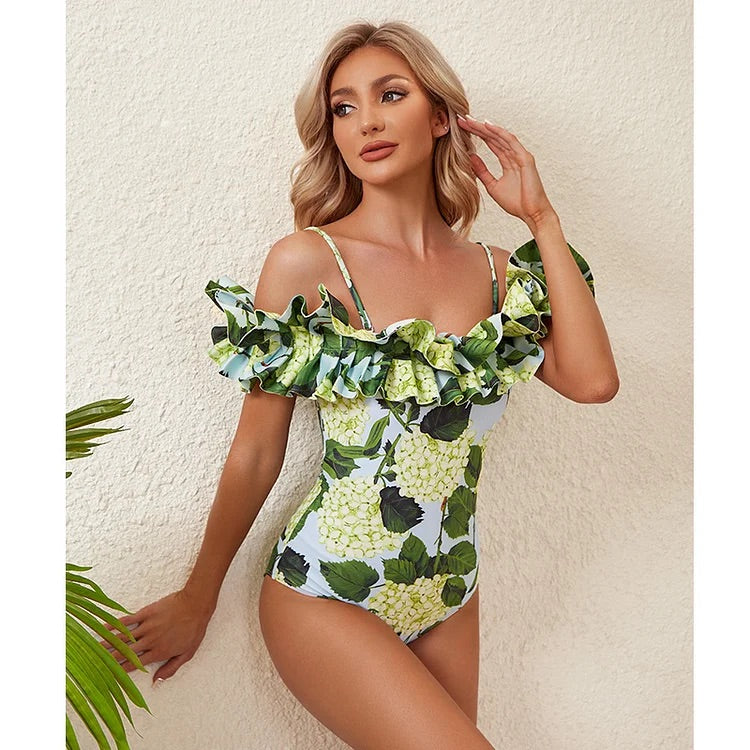 Maillot de bain une pièce imprimé épaules dénudées et jupe 