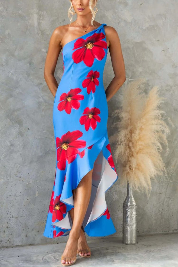 Stunning Muse Floral Print One Shoulder Irregular Ruffles Slit Maxi Dress
