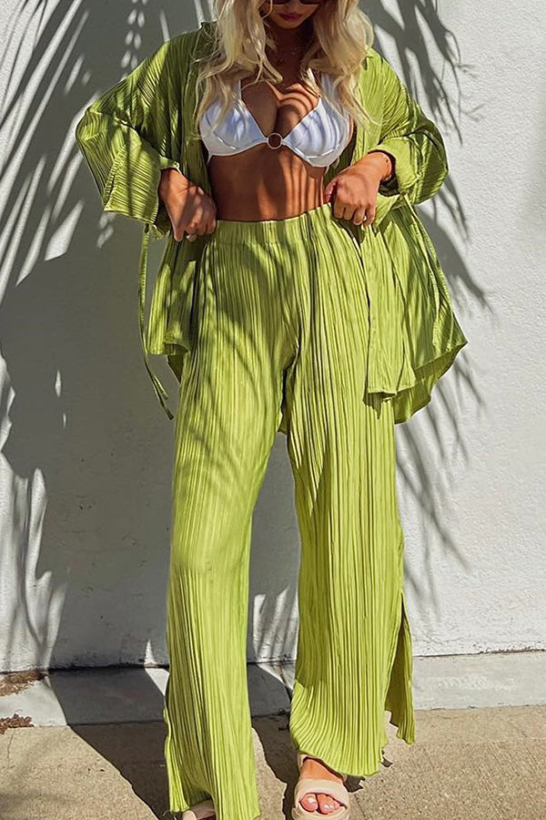 Fashion Set Pleated Shirt Long Sleeve Slit Trousers Set