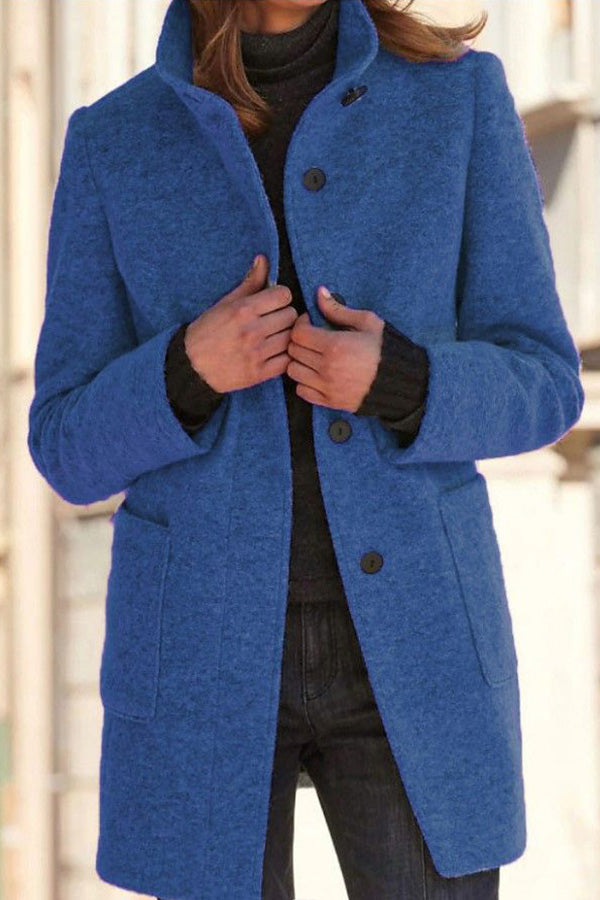 Veste en laine à col montant et boutons de couleur unie rétro 