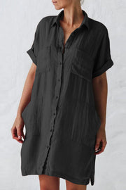 Cotton Linen Long Sleeve Irregular Pocket Dress Shirt Dress