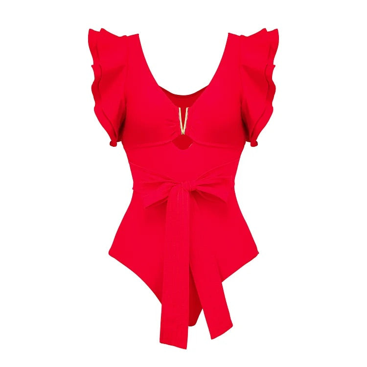 Maillot de bain une pièce à lacets et volants et paréo 