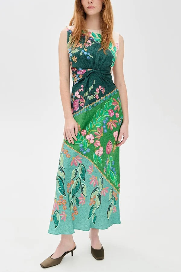 Gwen Satin Unique Print Round Neck Twisted Waist Maxi Dress