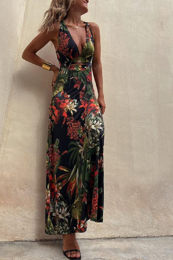 RAINFOREST PARADISE TROPICAL PRINT CUTOUT BACK CROSSOVER STRETCH-MAXIKLEID