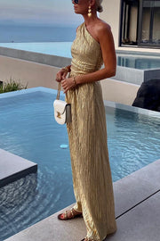 Eternal Shine Gold Animal Printed One Shoulder Maxi Dress