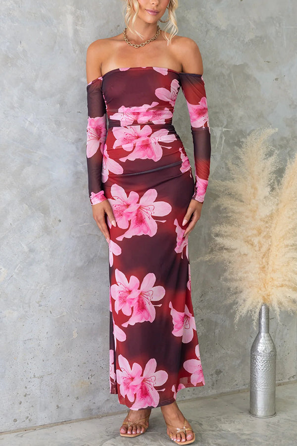 Robe longue extensible à manches longues et épaules dénudées en maille fantaisie florale