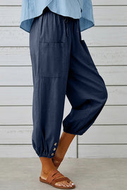 Tatum Linen Blend Elastic Waist Pocketed Button Hem Pants