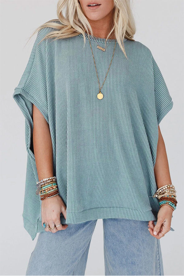 Ribbed Knit Batwing Sleeve Tunic Oversized T Shirt