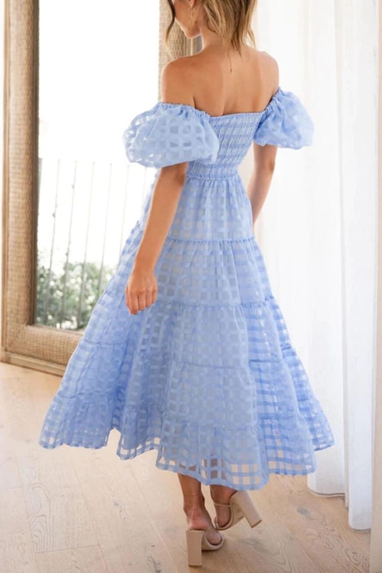 Fashionable One-Shoulder Chiffon Puff Sleeve Swing Midi Dress