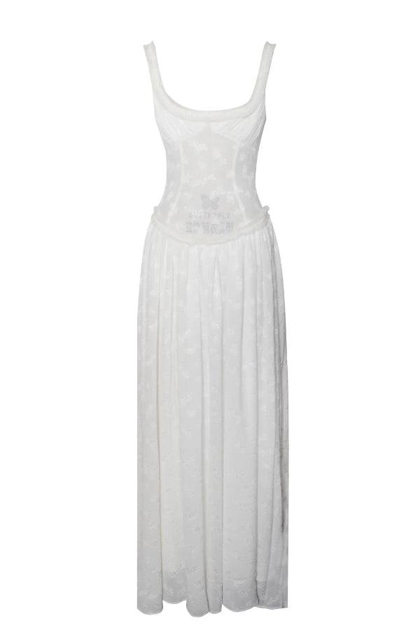 Ulissa – Hellgrünes Maxikleid mit Jacquard-Struktur und quadratischem Ausschnitt und hohem Schlitz